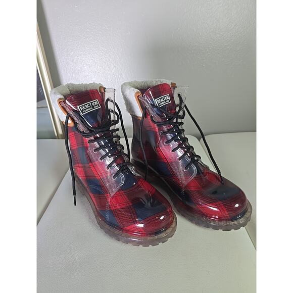 Red Plaid Baddie Combat Boots Rain Rubber Cozy Kenneth Cole Size 11 Christmas - Picture 2 of 10